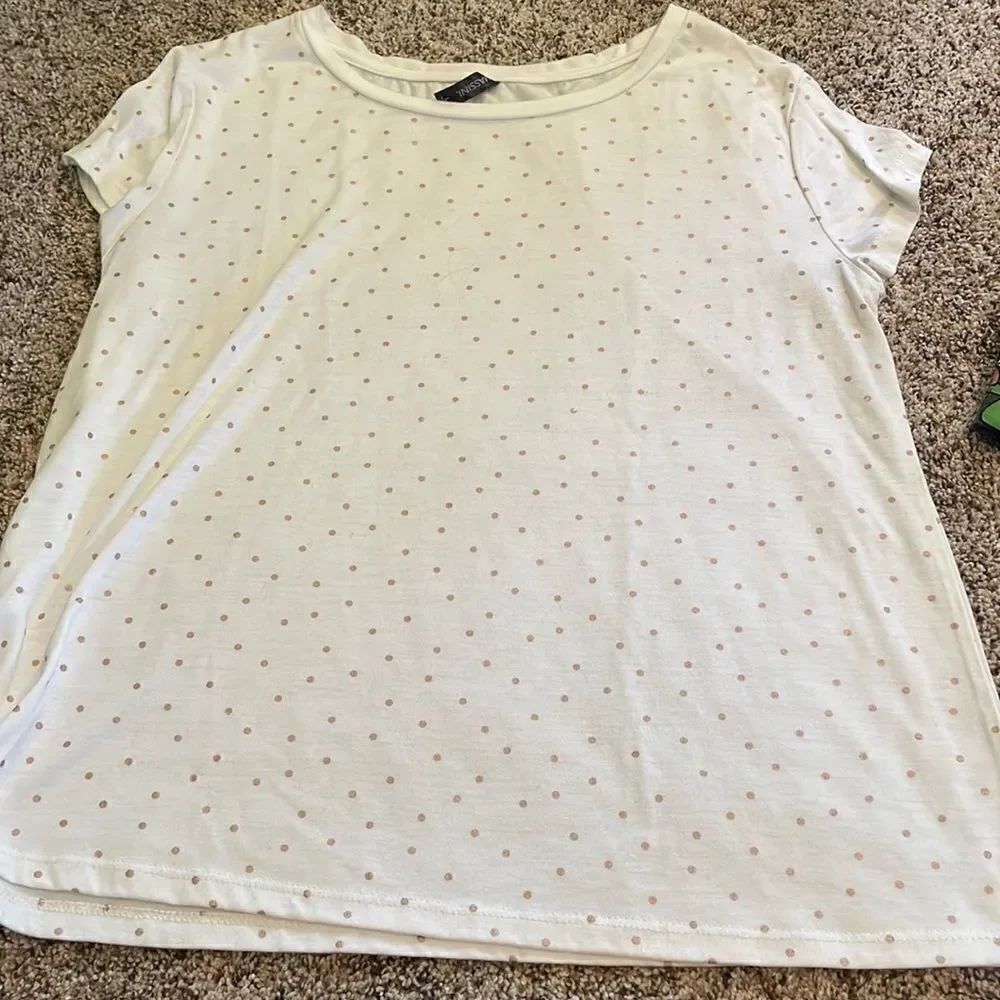 White tee with gold polka dots